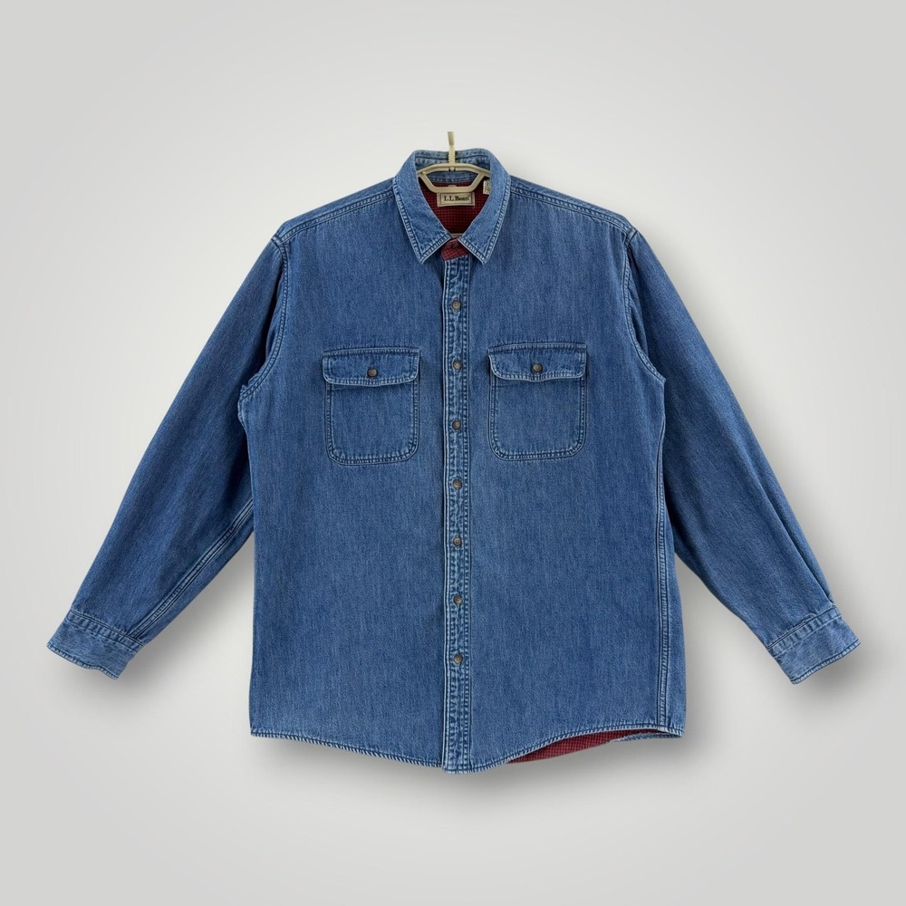 L.L. Bean Denim Shirt Mens LT Blue Flannel Lined Heavyweight Cotton Workwear